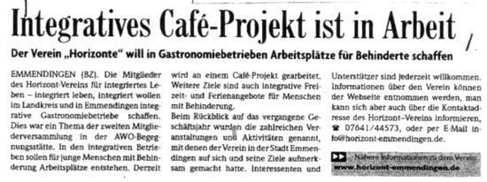 Zeitungsausschnitt BZ Integratives Café-Projekt 2009